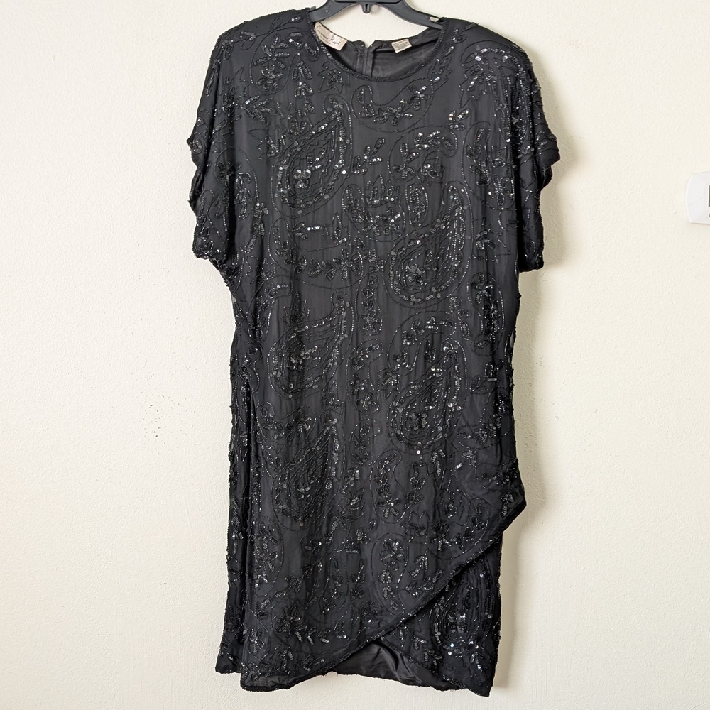 Vintage 80s Laurence Kazar Beaded Sequined Cocktail Dress, Size 1X